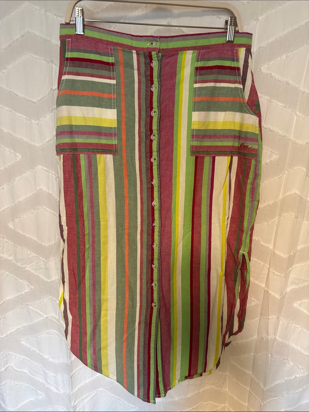 Kavu Striped High-Low Button-Front Skirt in Green, magenta, Yellow and Cream